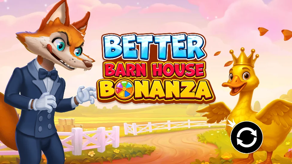 Better Barn House Bonanza slot intro screen with the fox host and golden duck Better Barn House Bonanza slot intro screen with the fox host and golden duck