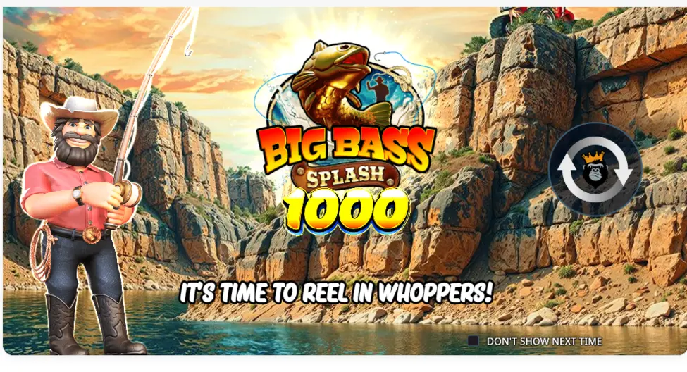 Big Bass Splash 1000 slot intro screen with the fisherman Big Bass Splash 1000 slot intro screen with the fisherman