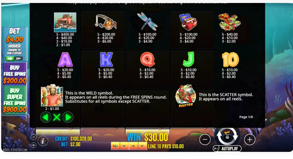 Big Bass Splash 1000 paytable with symbols, wild and scatter Big Bass Splash 1000 paytable with symbols, wild and scatter