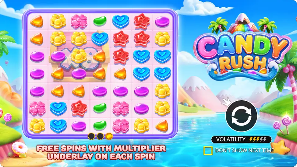 Candy Rush nyerőgép nyitóképernyője cukorkarácssal Candy Rush nyerőgép nyitóképernyője cukorkarácssal