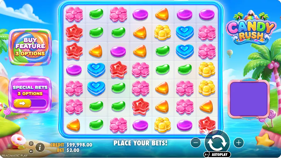 Candy Rush cukorka szimbólumok a 7x7-es rácson Candy Rush cukorka szimbólumok a 7x7-es rácson