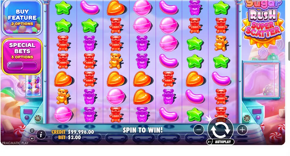 Sugar Rush Super Scatter bobinas do jogo base com símbolos de doces Sugar Rush Super Scatter bobinas do jogo base com símbolos de doces