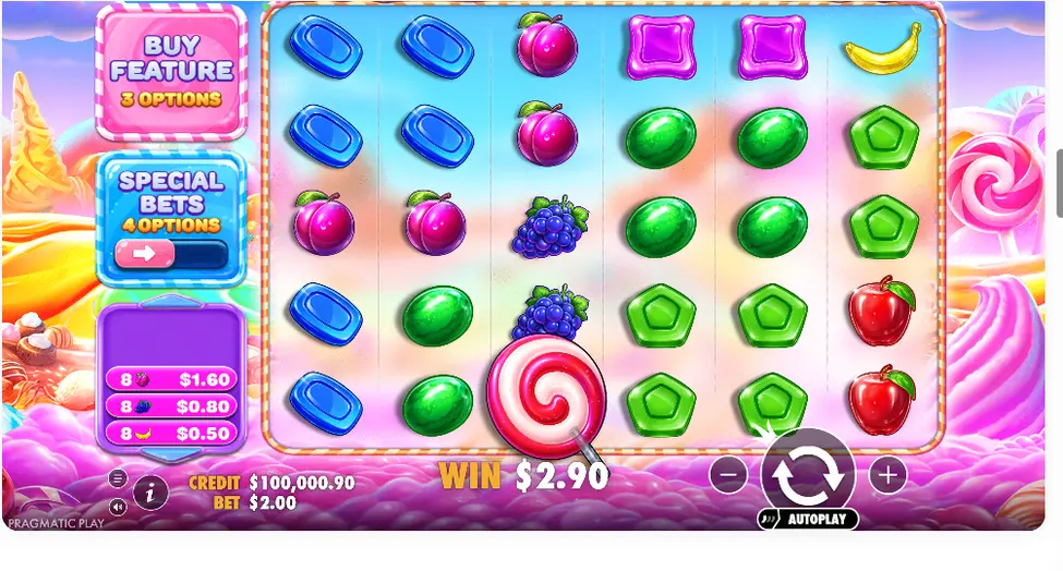 Sweet Bonanza 2500 Basisspielgewinn mit Lollipop-Scatter auf dem 6x5-Raster Sweet Bonanza 2500 Basisspielgewinn mit Lollipop-Scatter auf dem 6x5-Raster