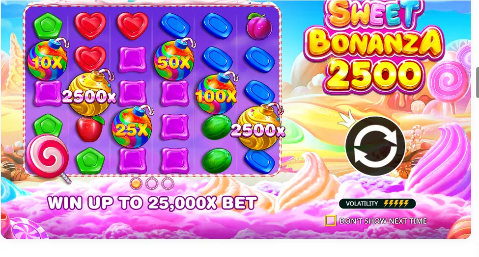 Sweet Bonanza 2500 Raster mit Süßigkeitenbomben-Multiplikatoren bis zu 2500x Sweet Bonanza 2500 Raster mit Süßigkeitenbomben-Multiplikatoren bis zu 2500x