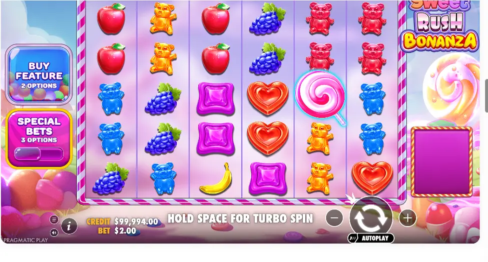 Sweet Rush Bonanza demo base game on the 6x5 candy grid Sweet Rush Bonanza demo base game on the 6x5 candy grid