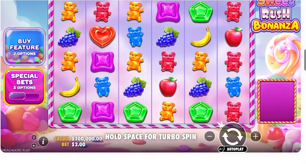 Sweet Rush Bonanza gameplay controls with spin and turbo spin Sweet Rush Bonanza gameplay controls with spin and turbo spin