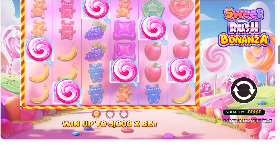 Sweet Rush Bonanza intro screen with multiplier bombs and up to 5000x max win Sweet Rush Bonanza intro screen with multiplier bombs and up to 5000x max win