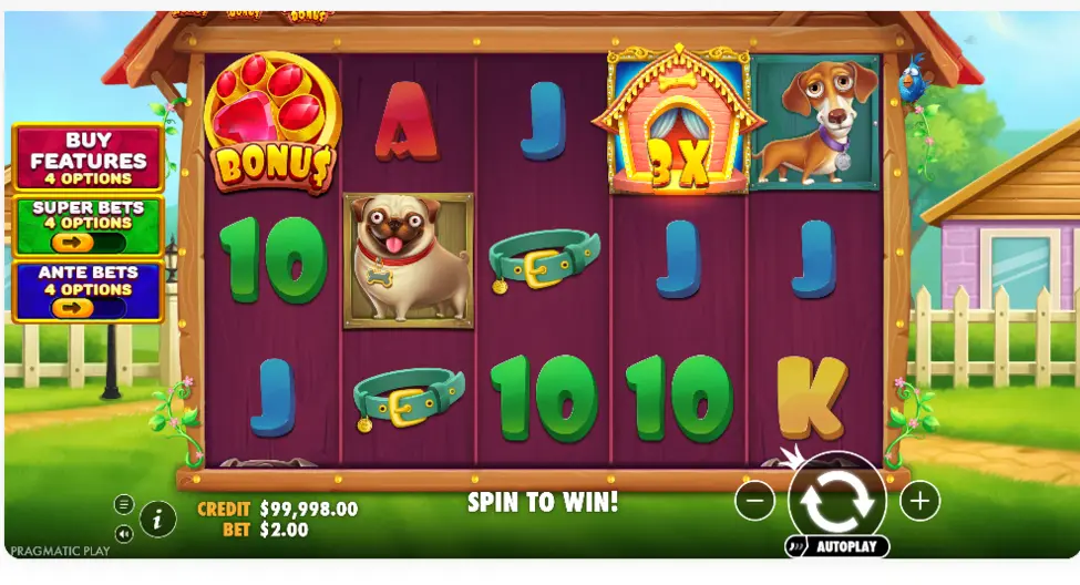 The Big Dog House base game reels with a bonus scatter and 5x multiplier The Big Dog House base game reels with a bonus scatter and 5x multiplier