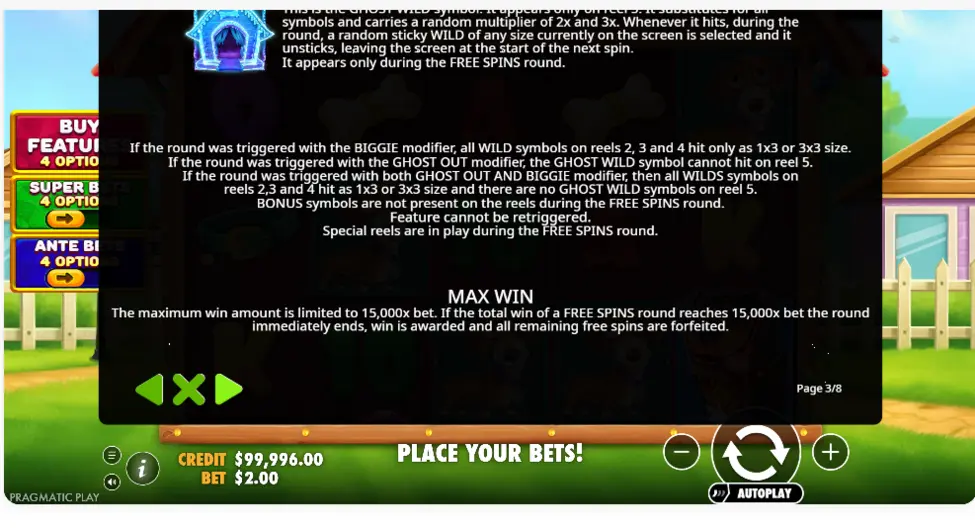The Big Dog House free spins feature rules screen The Big Dog House free spins feature rules screen