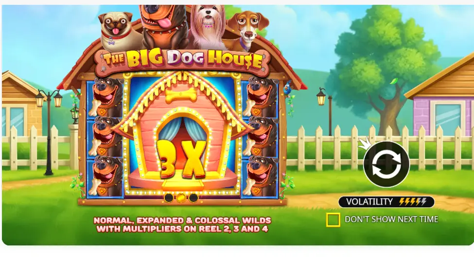 The Big Dog House slot intro screen with expanding wilds and volatility The Big Dog House slot intro screen with expanding wilds and volatility