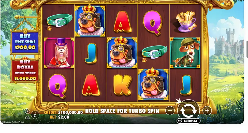 The Dog House Royal Hunt gameplay controls with spin and turbo spin The Dog House Royal Hunt gameplay controls with spin and turbo spin