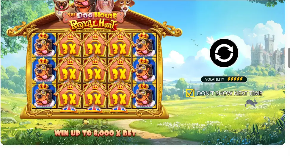 The Dog House Royal Hunt intro screen with 3x dog wilds and up to 8000x max win The Dog House Royal Hunt intro screen with 3x dog wilds and up to 8000x max win
