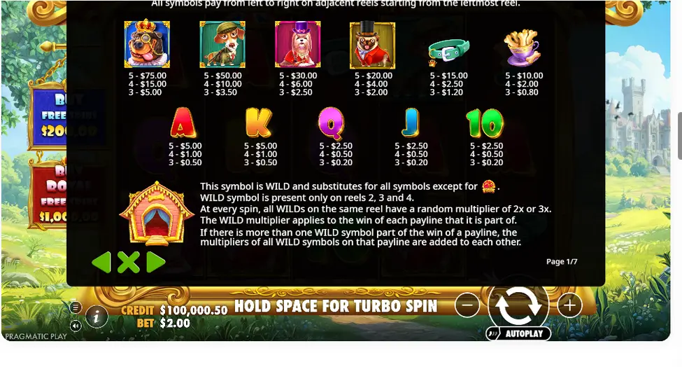 The Dog House Royal Hunt symbol paytable with the scatter The Dog House Royal Hunt symbol paytable with the scatter