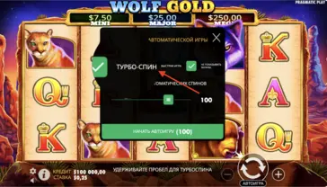 Turbokeerutuse sisselülitamine Wolf Gold slotis
